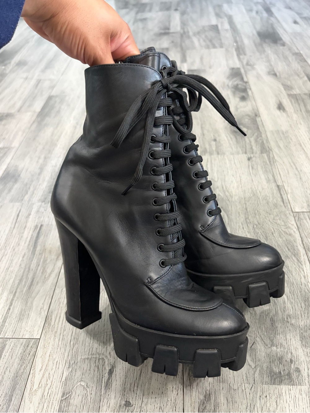 Prada Monolith Black Leather Lace-Up Platform Ankle Boots